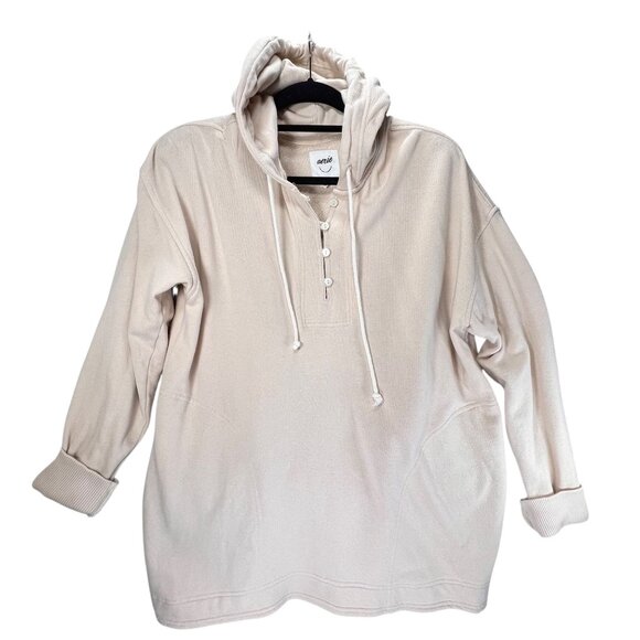 aerie Tops - Aerie Beige Hooded Pullover Sweatshirt XS Buttons Pockets Womens Long Sleeve